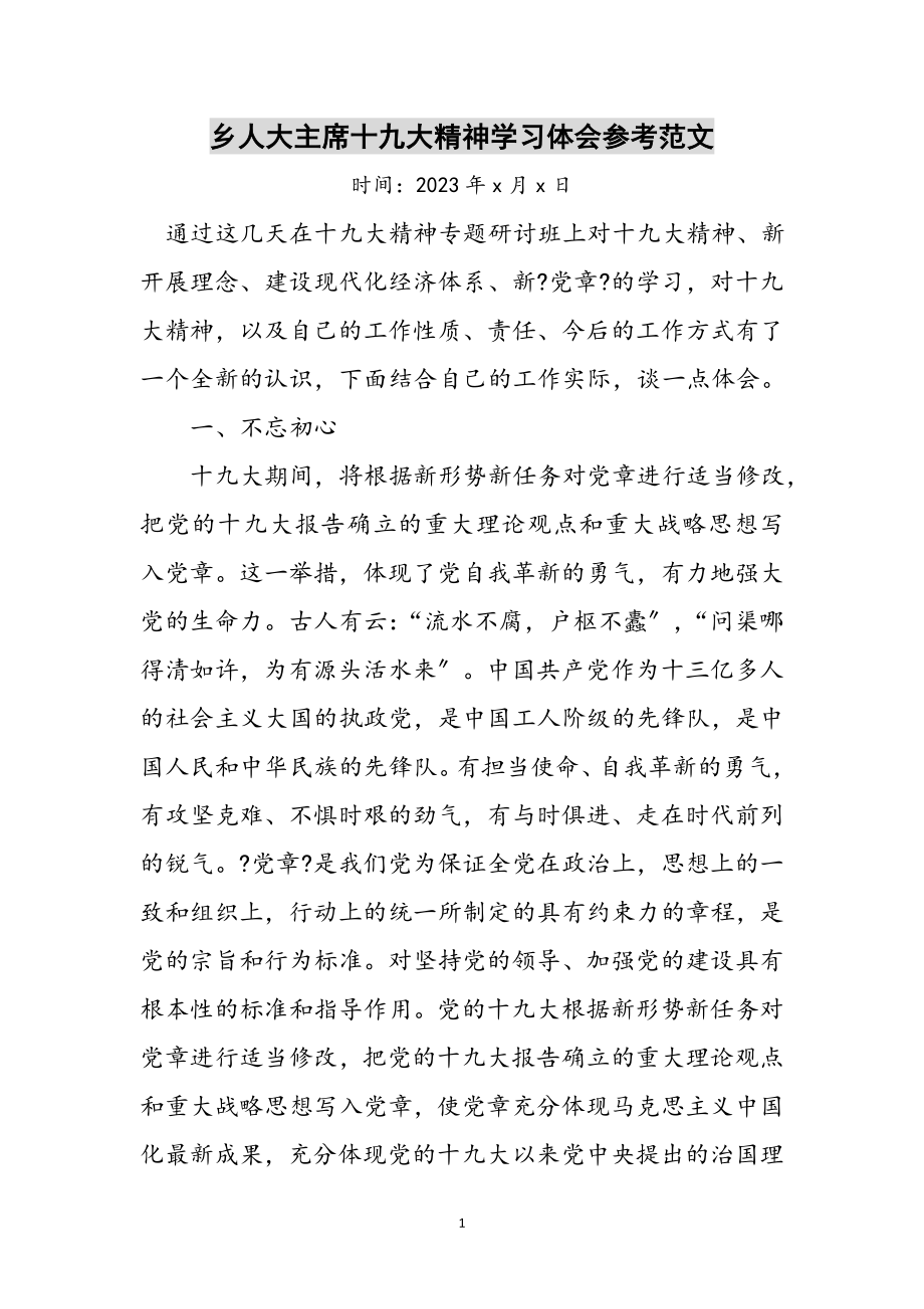 2023年乡人大主席十九大精神学习体会参考范文.doc_第1页