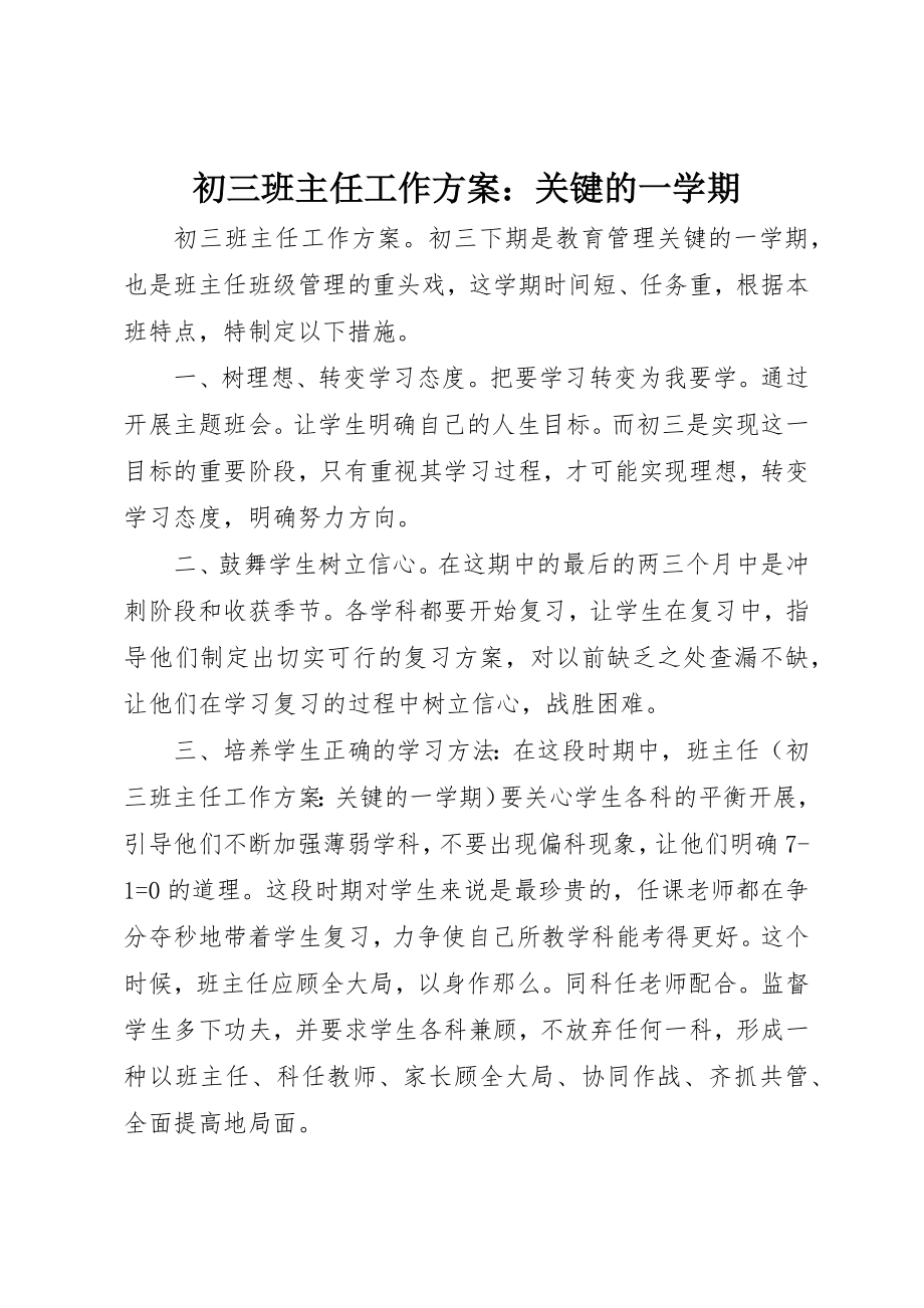 2023年初三班主任工作计划关键的一学期.docx_第1页