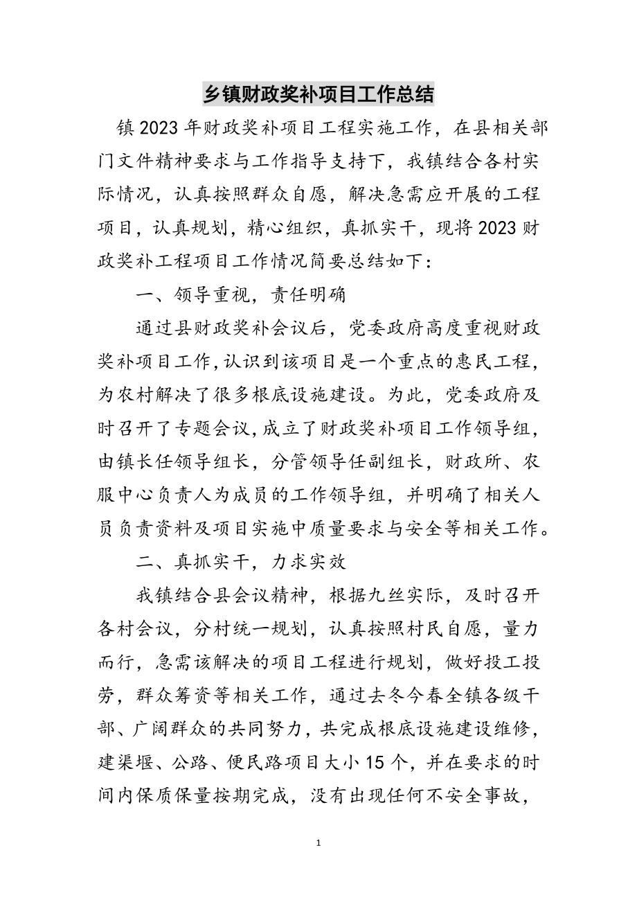 2023年乡镇财政奖补项目工作总结范文.doc_第1页