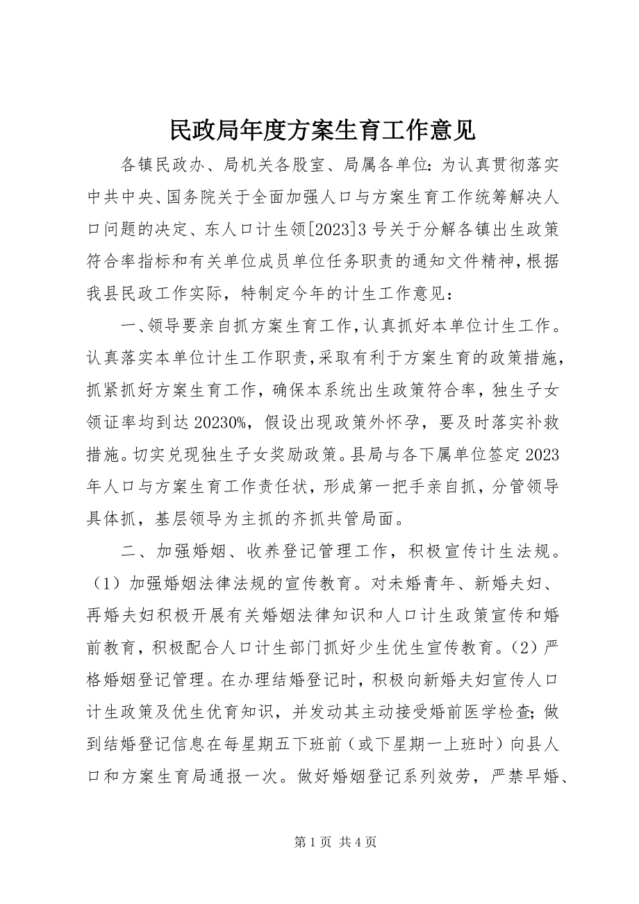 2023年民政局度计划生育工作意见.docx_第1页