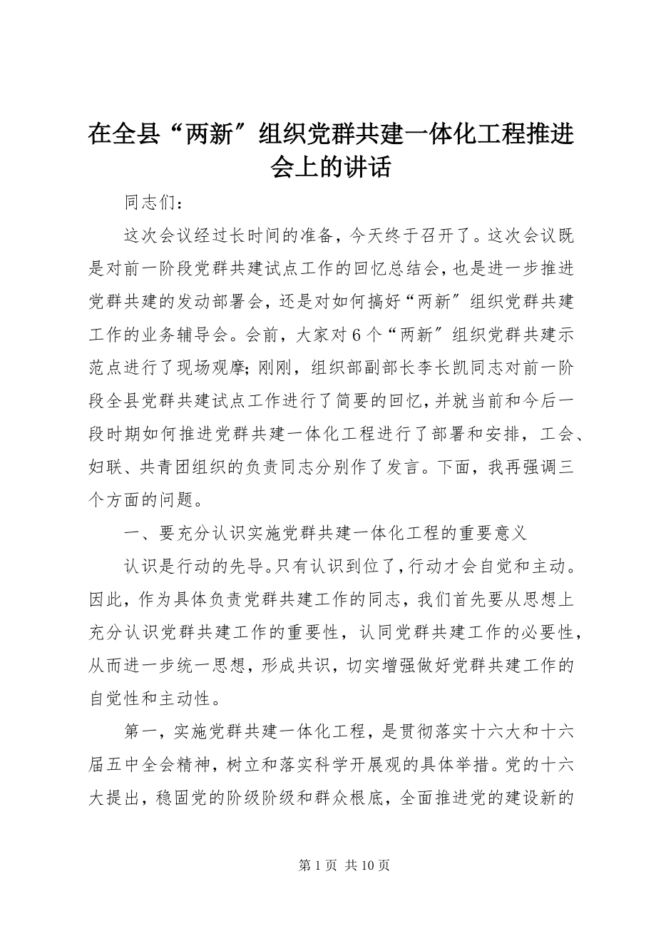 2023年在全县“两新”组织党群共建一体化工程推进会上的致辞.docx_第1页