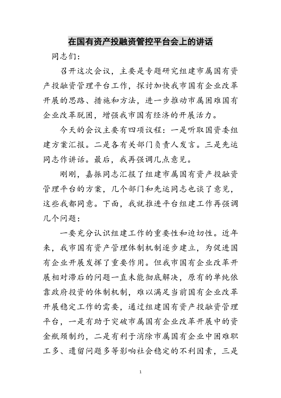 2023年在国有资产投融资管控平台会上的讲话范文.doc_第1页