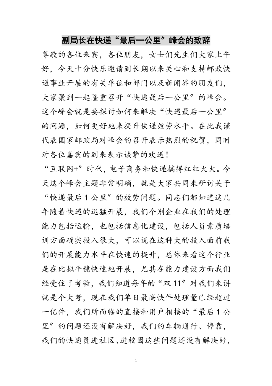 2023年副局长在快递“最后一公里”峰会的致辞范文.doc_第1页