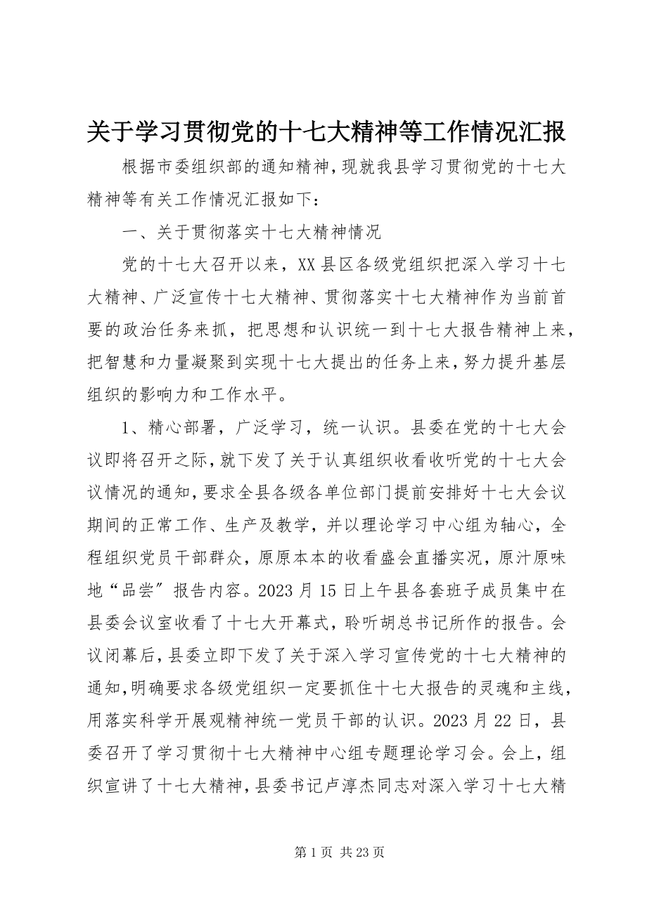 2023年学习贯彻党的十七大精神等工作情况汇报.docx_第1页