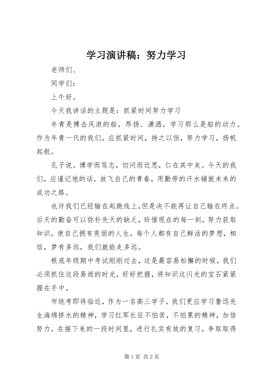 2023年学习演讲稿努力学习.docx_第1页