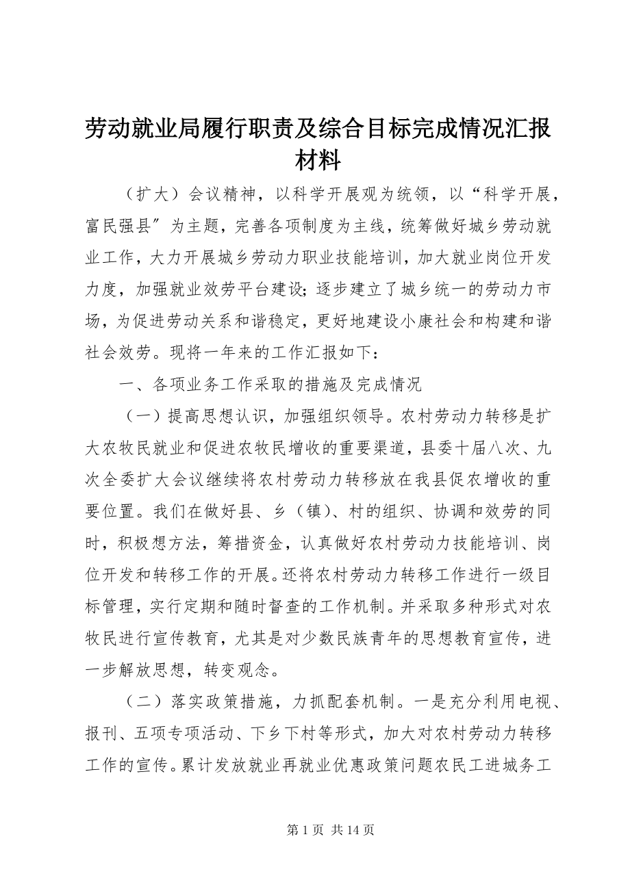 2023年劳动就业局履行职责及综合目标完成情况汇报材料.docx_第1页