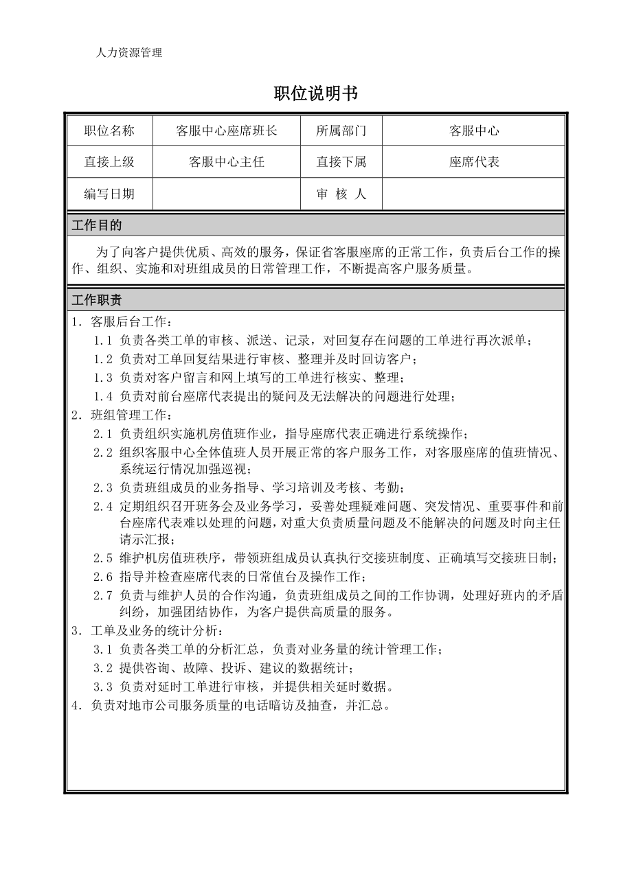 人力资源管理 企业管理 岗位说明 客服中心座席班长职位说明书.docx_第1页