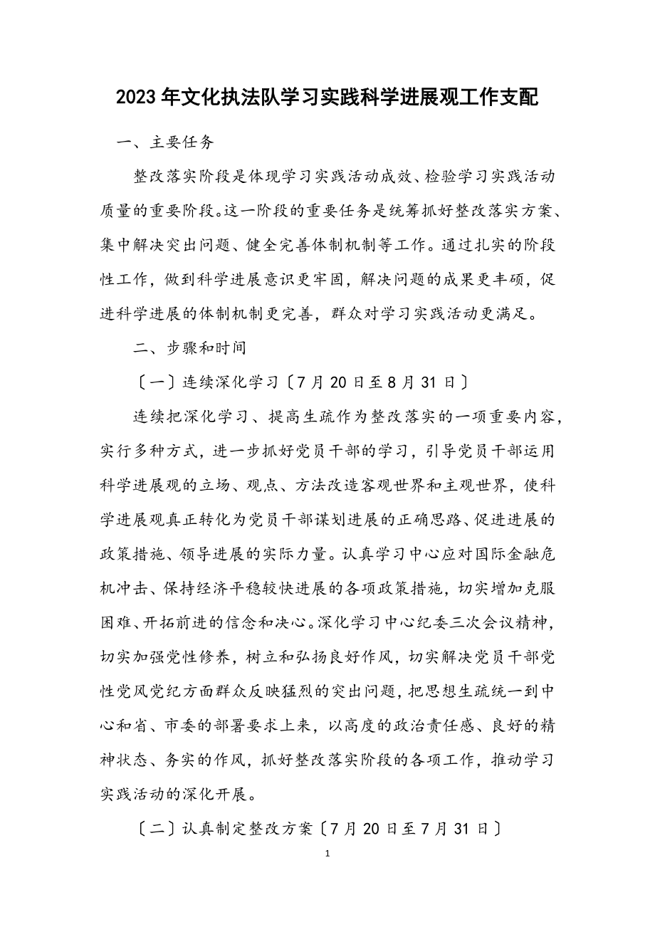 2023年文化执法队学习实践科学发展观工作安排.docx_第1页