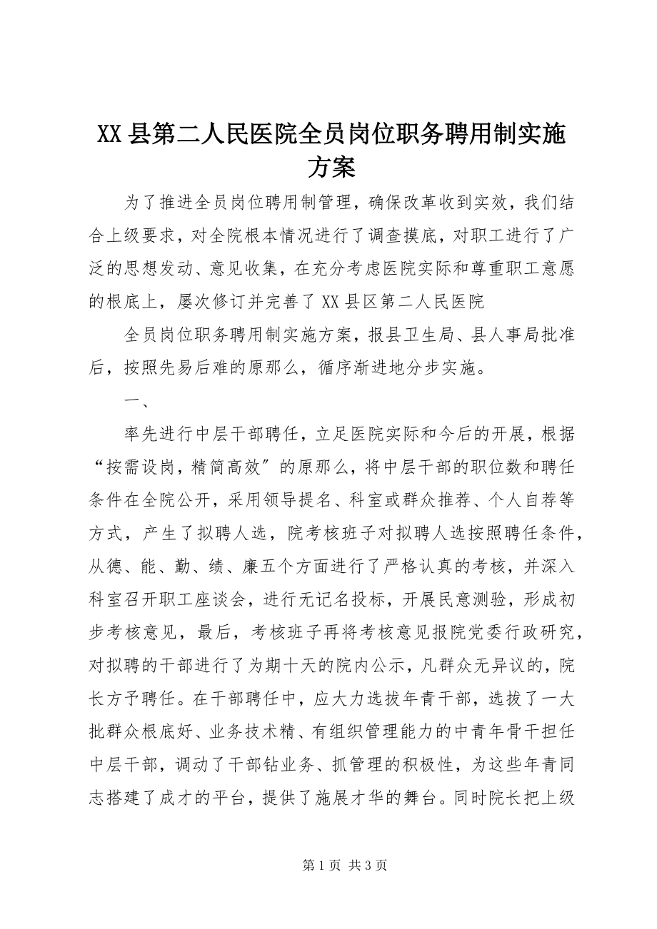 2023年XX县第二人民医院全员岗位职务聘用制实施方案新编.docx_第1页