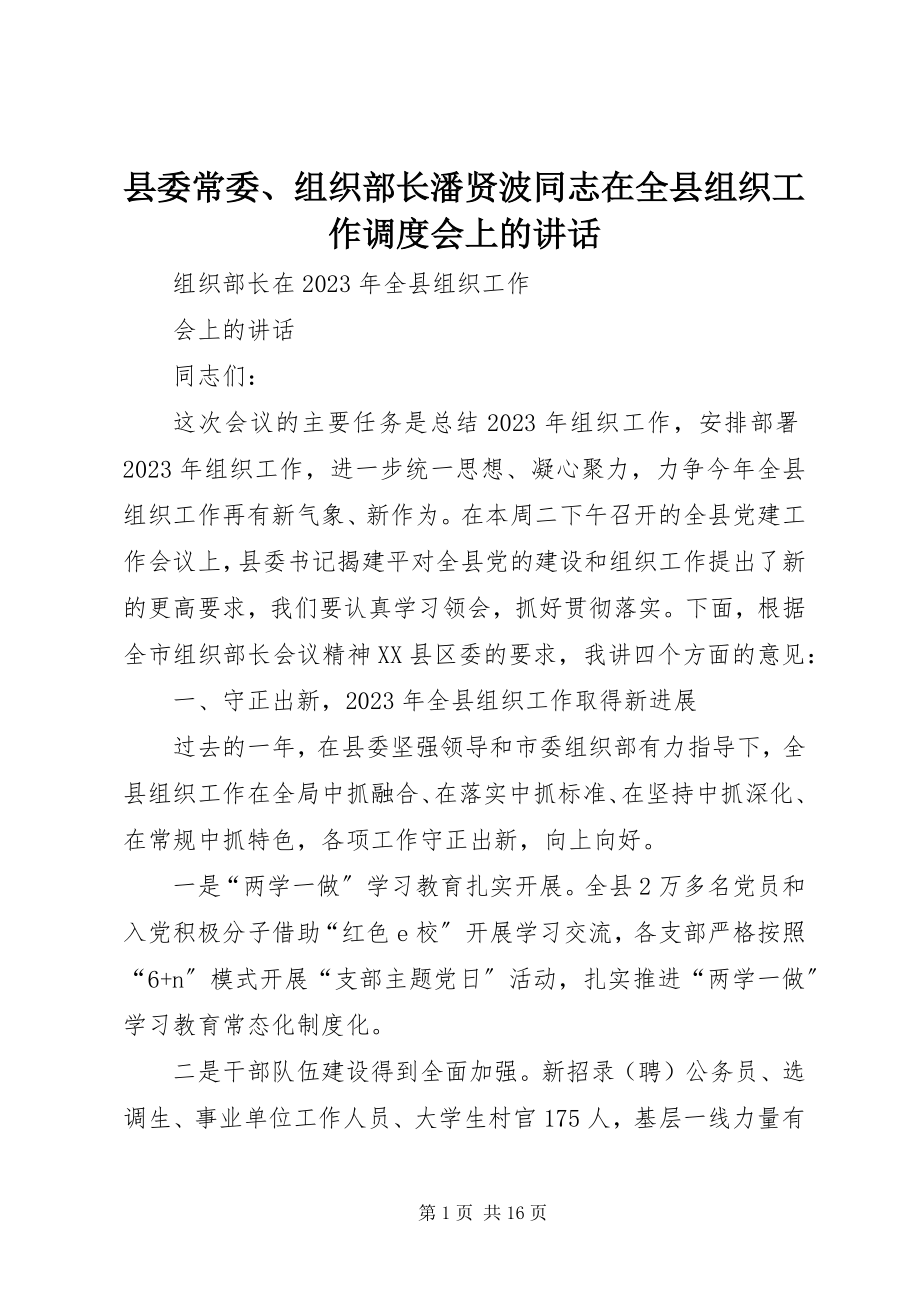 2023年县委常委组织部长潘贤波同志在全县组织工作调度会上的致辞.docx_第1页