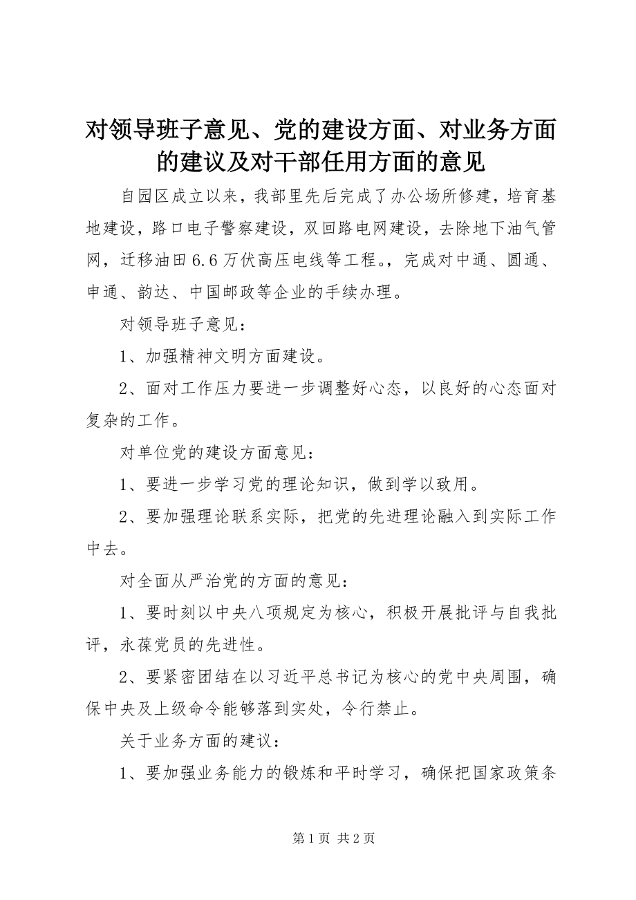 2023年对领导班子意见、党的建设方面、对业务方面的建议及对干部任用方面的意见.docx_第1页