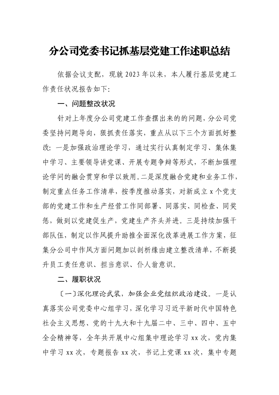 2023年分公司党委书记抓基层党建工作述职总结.doc_第1页