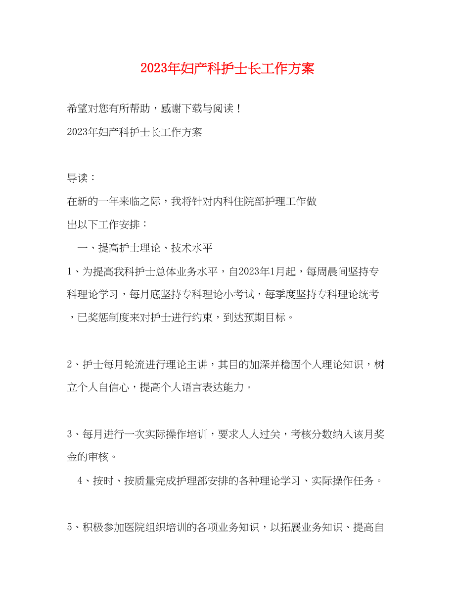 2023年妇产科护士长工作计划.docx_第1页