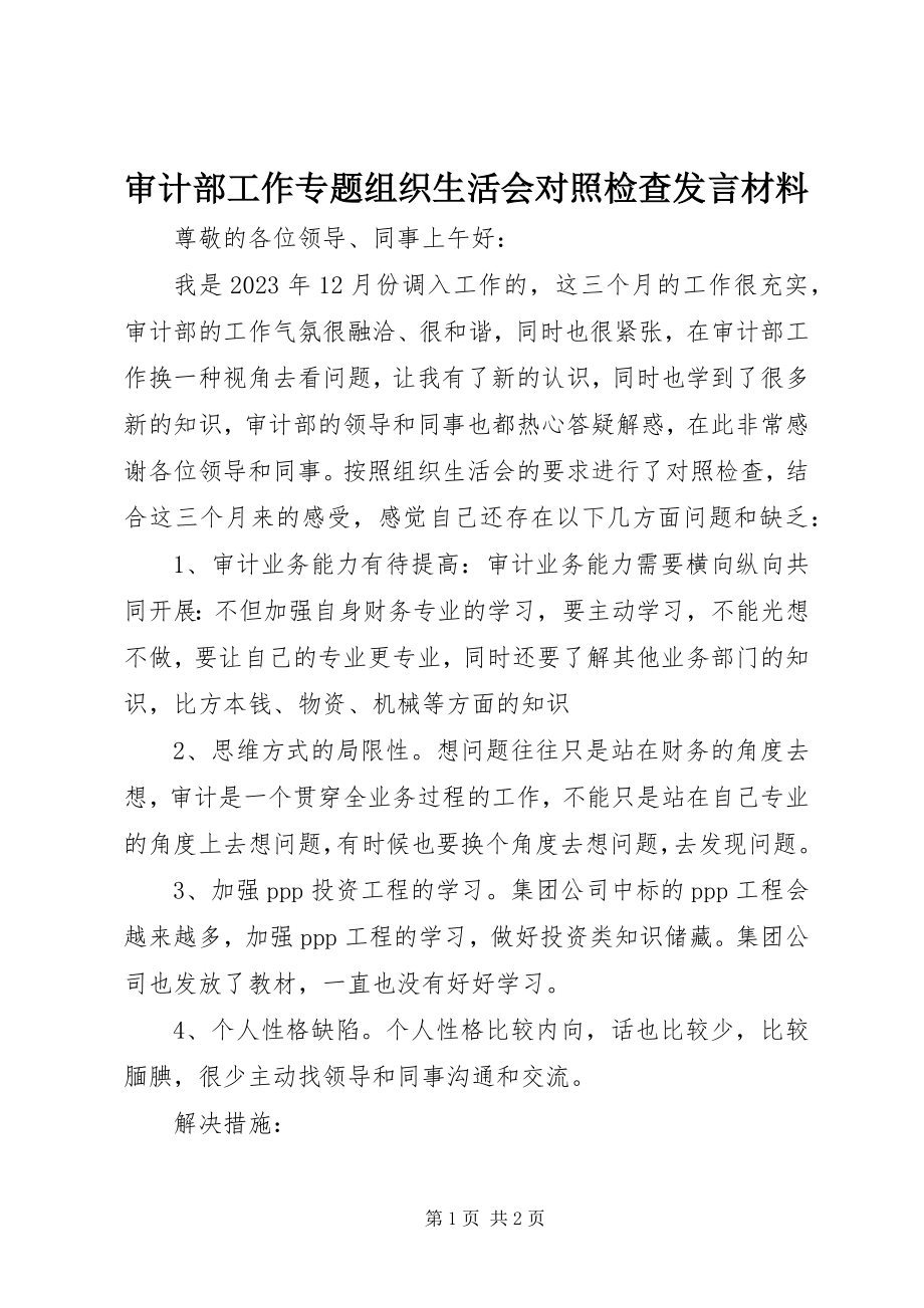 2023年审计部工作专题组织生活会对照检查讲话材料.docx_第1页