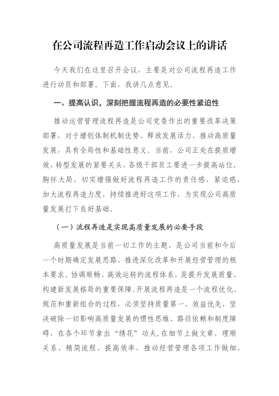 在公司流程再造工作启动会议上的讲话.docx_第1页