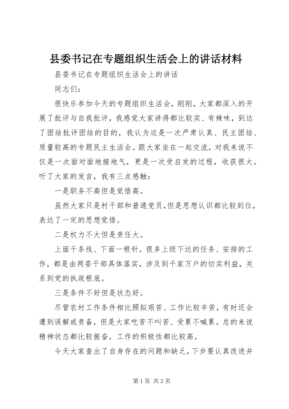 2023年县委书记在专题组织生活会上的致辞材料.docx_第1页