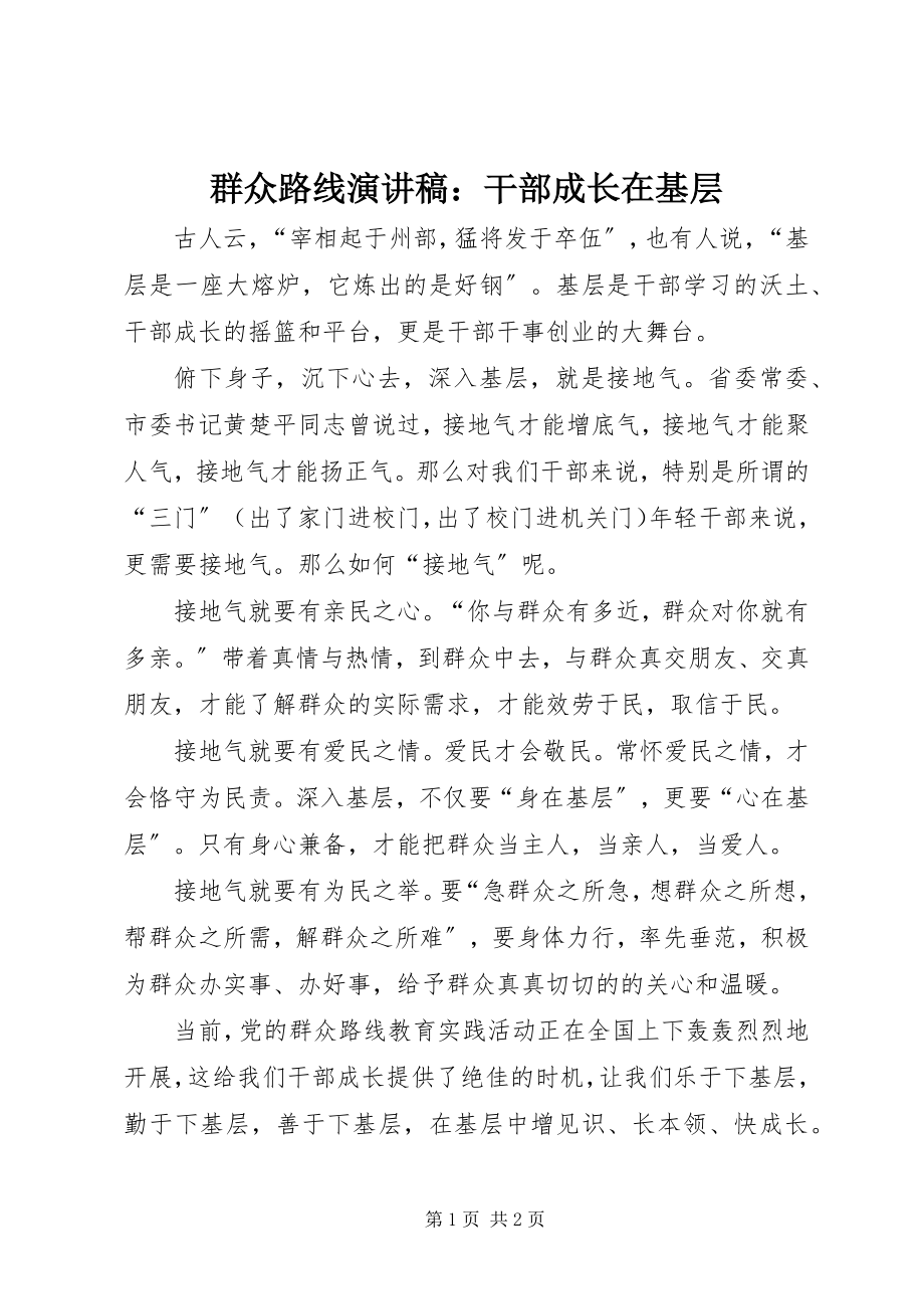 2023年群众路线演讲稿干部成长在基层.docx_第1页