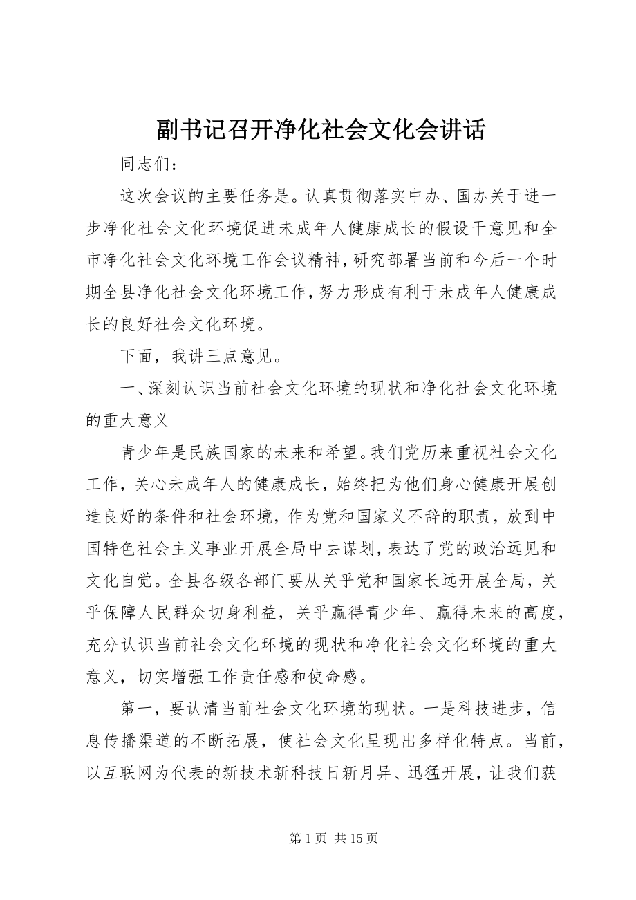 2023年副书记召开净化社会文化会致辞.docx_第1页