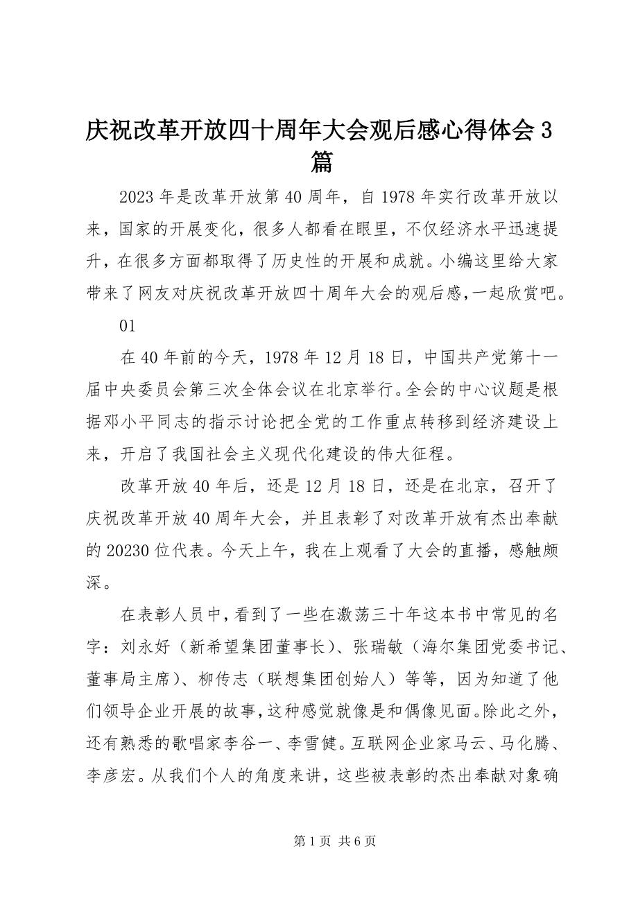 2023年庆祝改革开放四十周年大会观后感心得体会3篇.docx_第1页