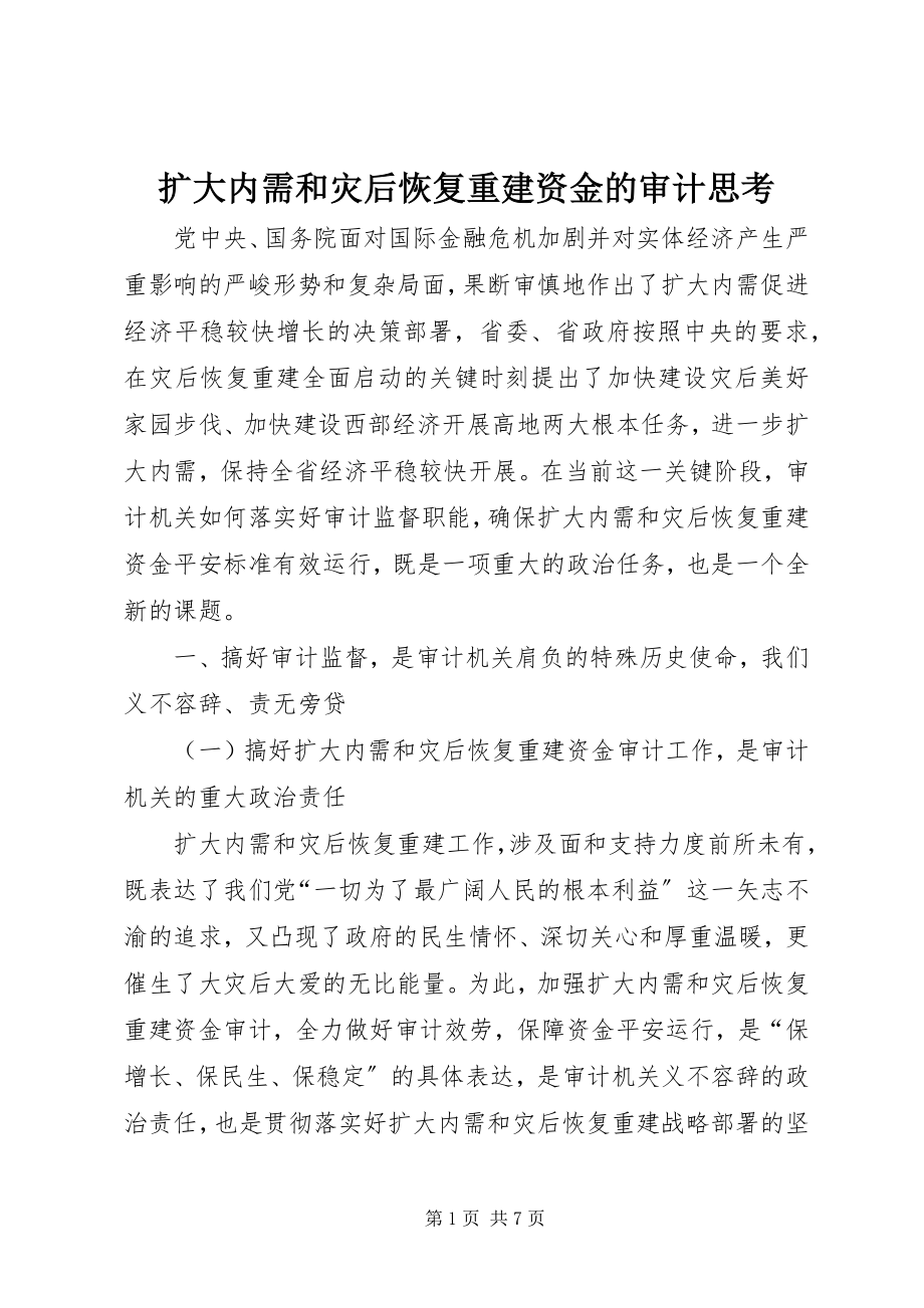 2023年扩大内需和灾后恢复重建资金的审计思考.docx_第1页