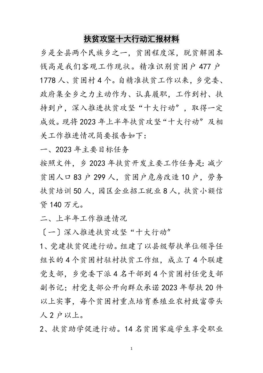 2023年扶贫攻坚十大行动汇报材料范文.doc_第1页