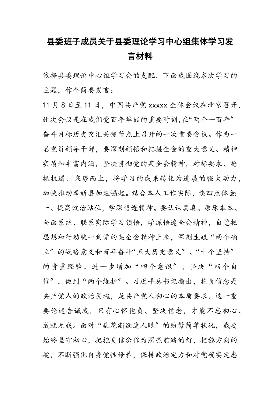 2023年县委班子成员关于县委理论学习中心组集体学习发言材料.doc_第1页