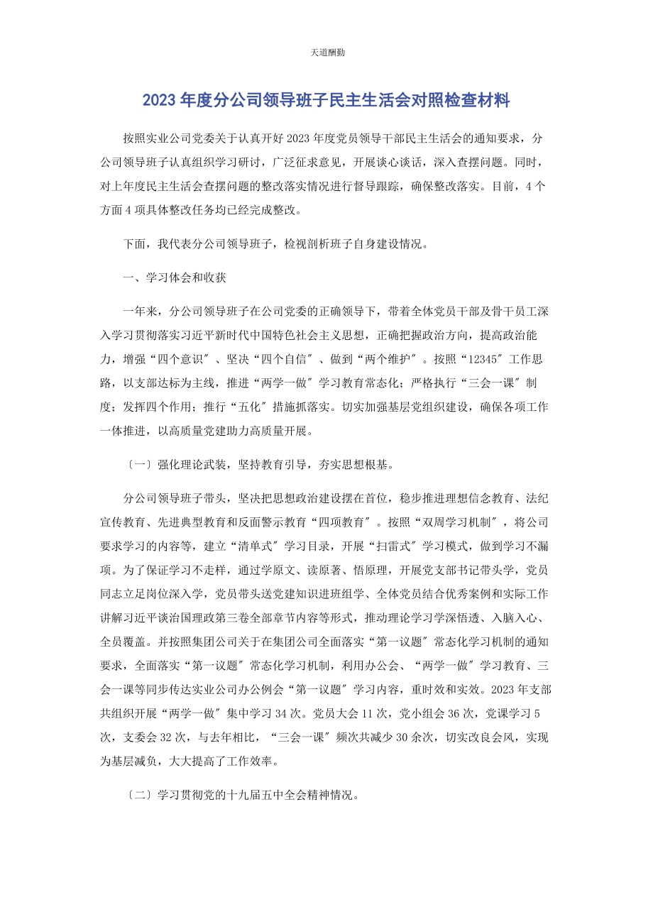 2023年度分公司领导班子民主生活会对照检查材料.docx_第1页