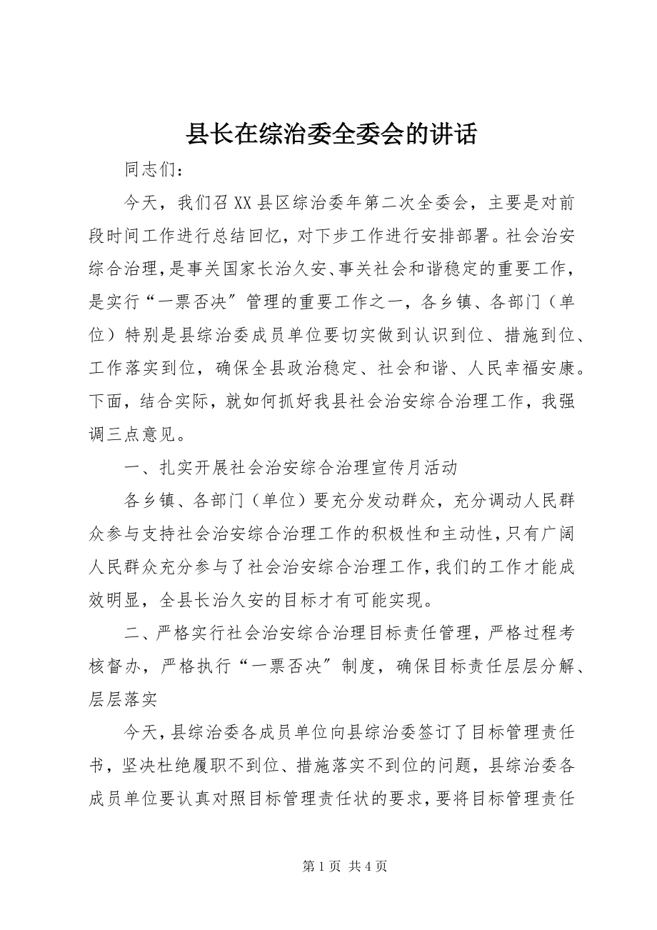 2023年县长在综治委全委会的致辞.docx_第1页