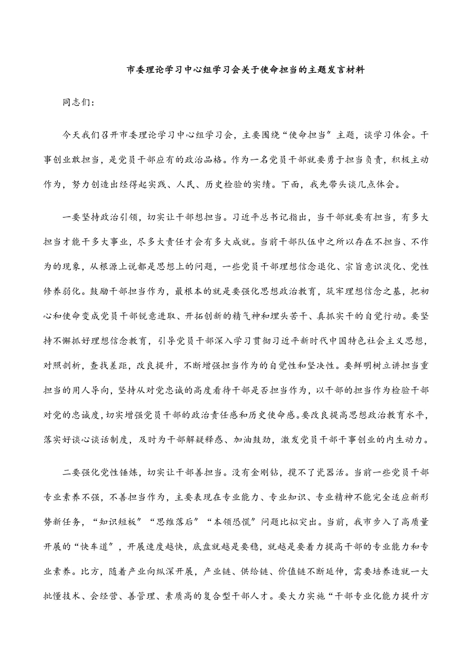 市委理论学习中心组学习会关于使命担当的主题发言材料.docx_第1页