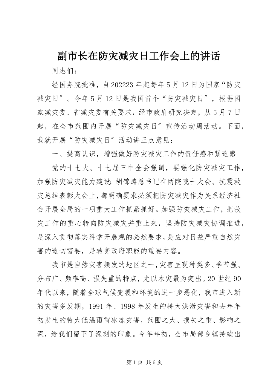 2023年副市长在防灾减灾日工作会上的致辞.docx_第1页