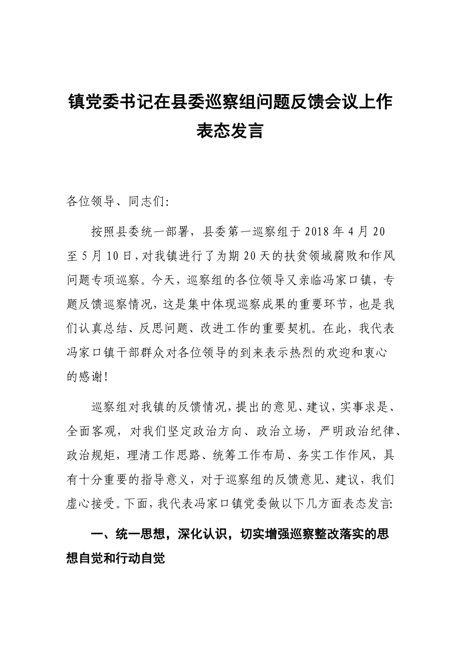 镇党委书记在县委巡察组问题反馈会议上作表态发言.docx_第1页