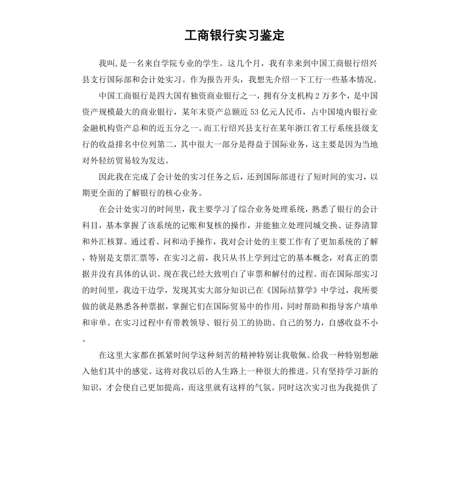 工商银行实习鉴定（二）.docx_第1页