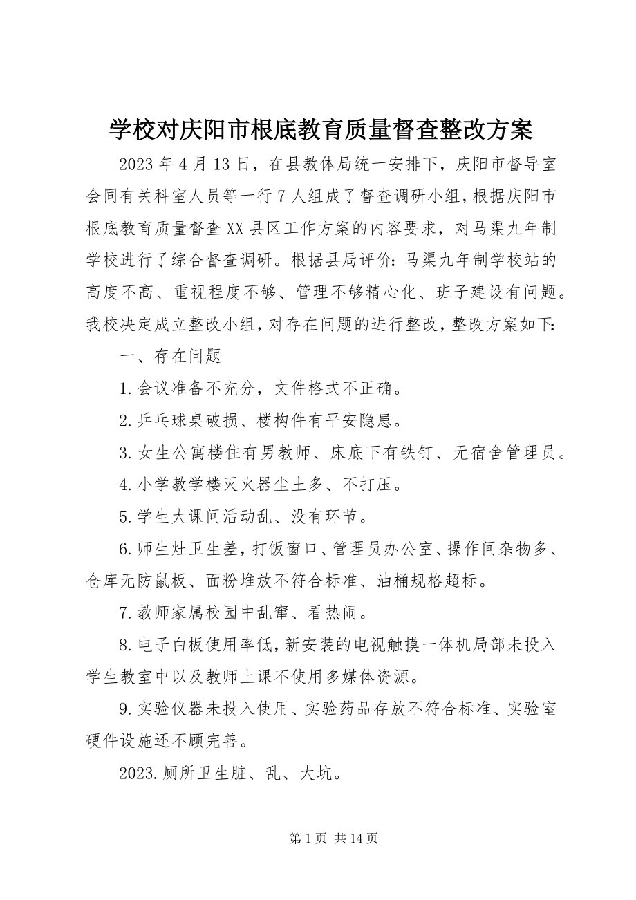 2023年学校对庆阳市基础教育质量督查整改方案.docx_第1页