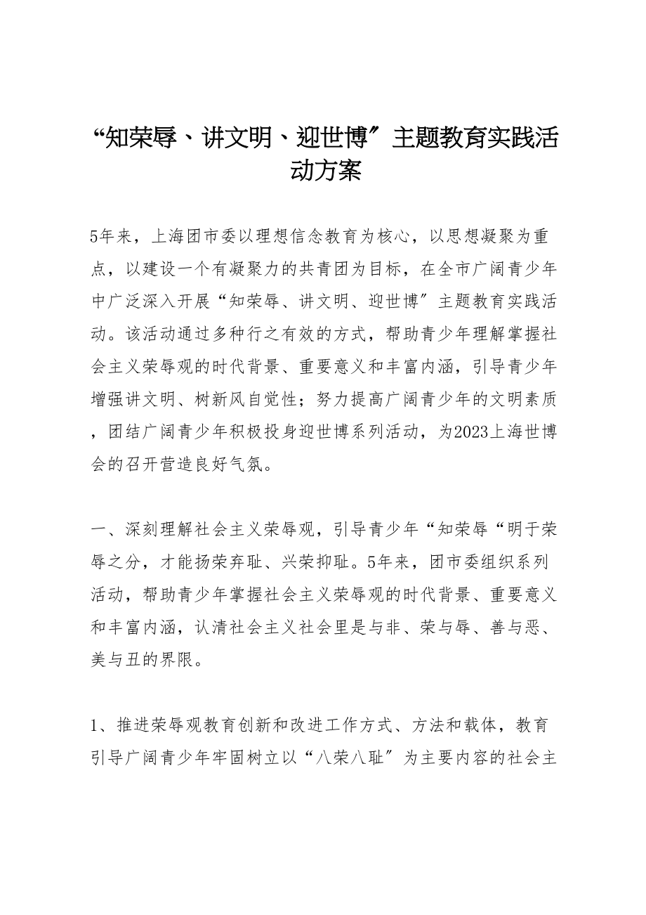 2023年知荣辱讲文明迎世博主题教育实践活动方案.doc_第1页