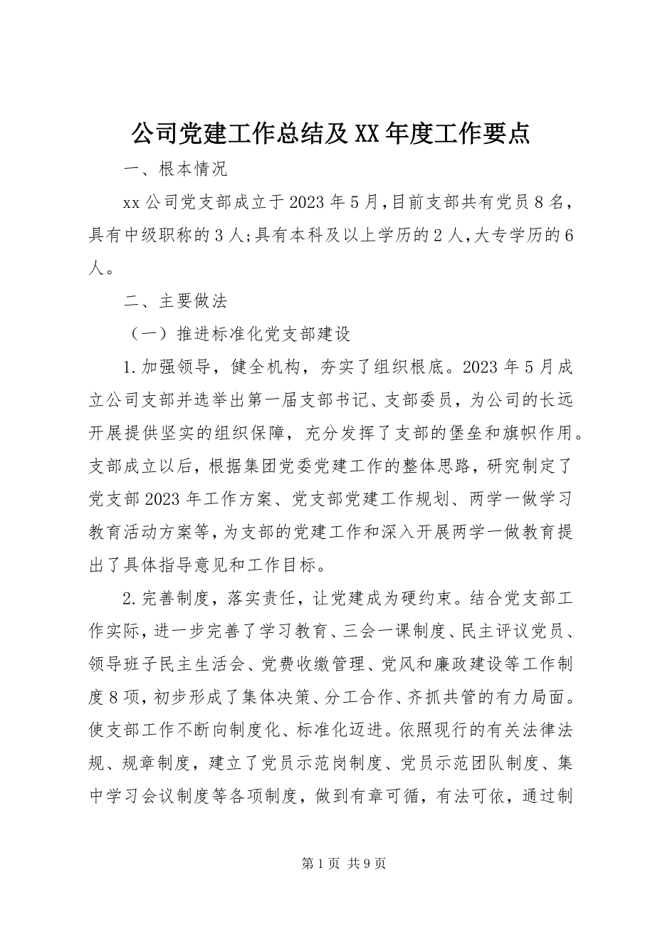 2023年公司党建工作总结及某年度工作要点.docx_第1页