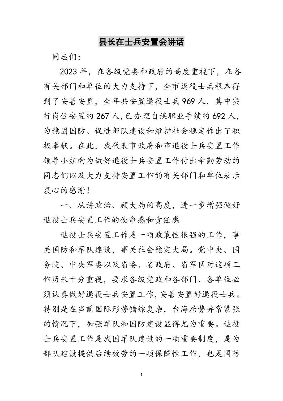 2023年县长在士兵安置会讲话范文.doc_第1页