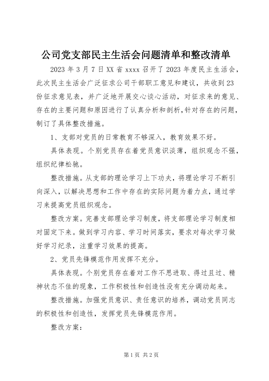 2023年公司党支部民主生活会问题清单和整改清单.docx_第1页