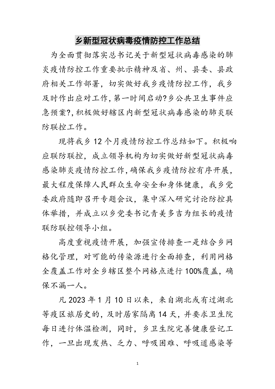 2023年乡新型冠状病毒疫情防控工作总结范文.doc_第1页