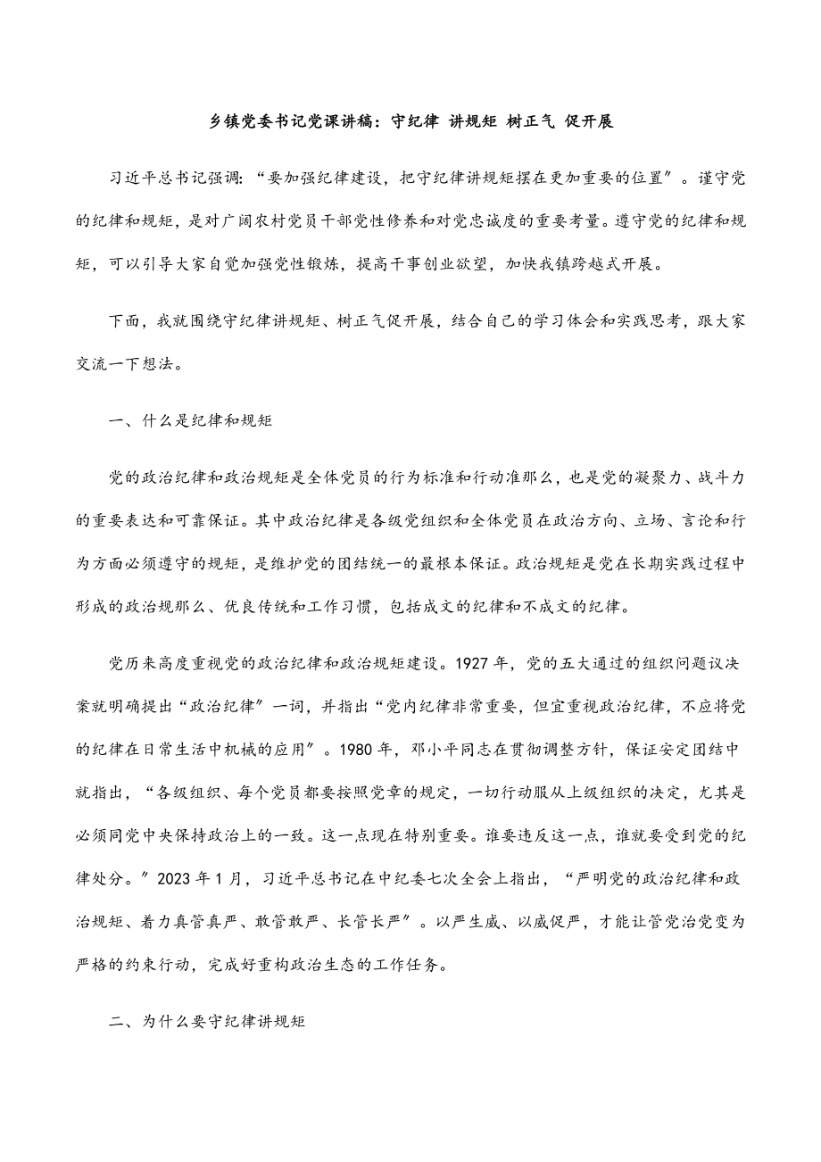 2023年乡镇党委书记党课讲稿：守纪律 讲规矩 树正气 促发展.docx_第1页