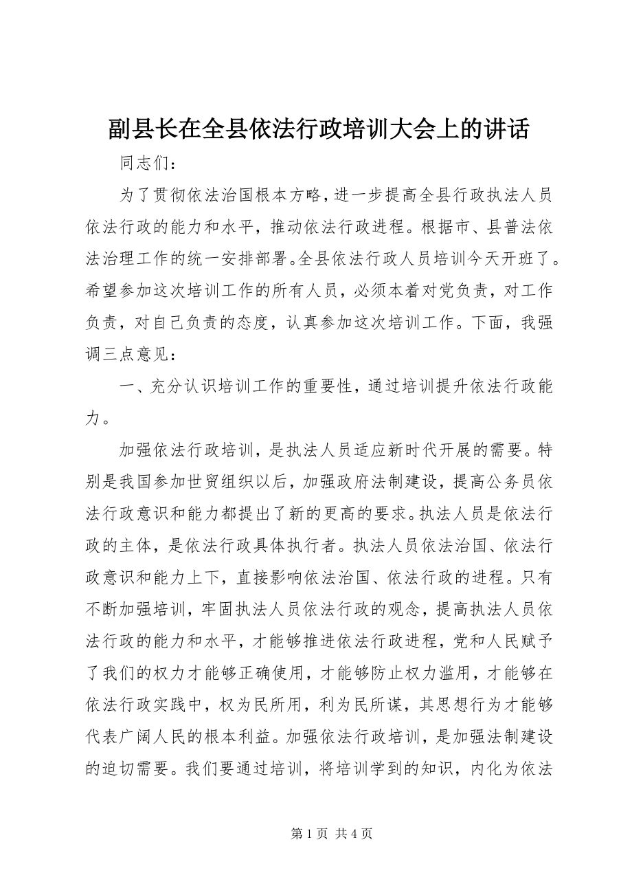 2023年副县长在全县依法行政培训大会上的致辞.docx_第1页