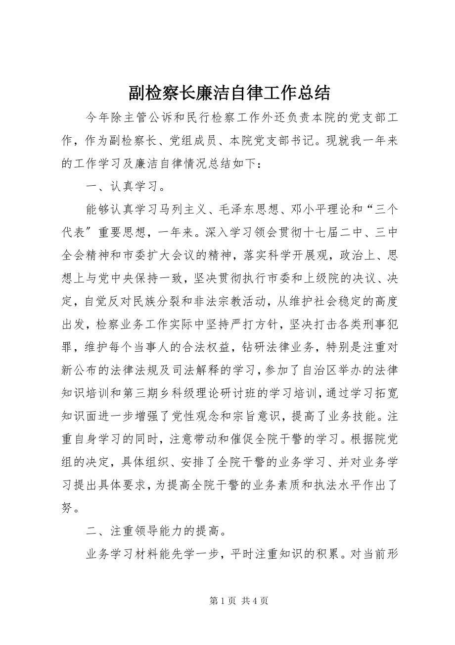 2023年副检察长廉洁自律工作总结.docx_第1页