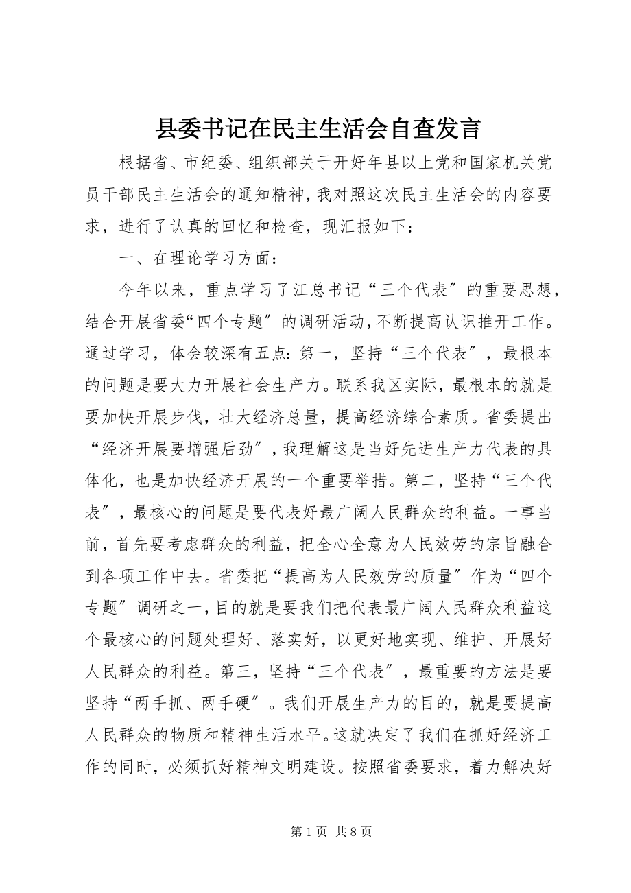 2023年县委书记在民主生活会自查讲话.docx_第1页