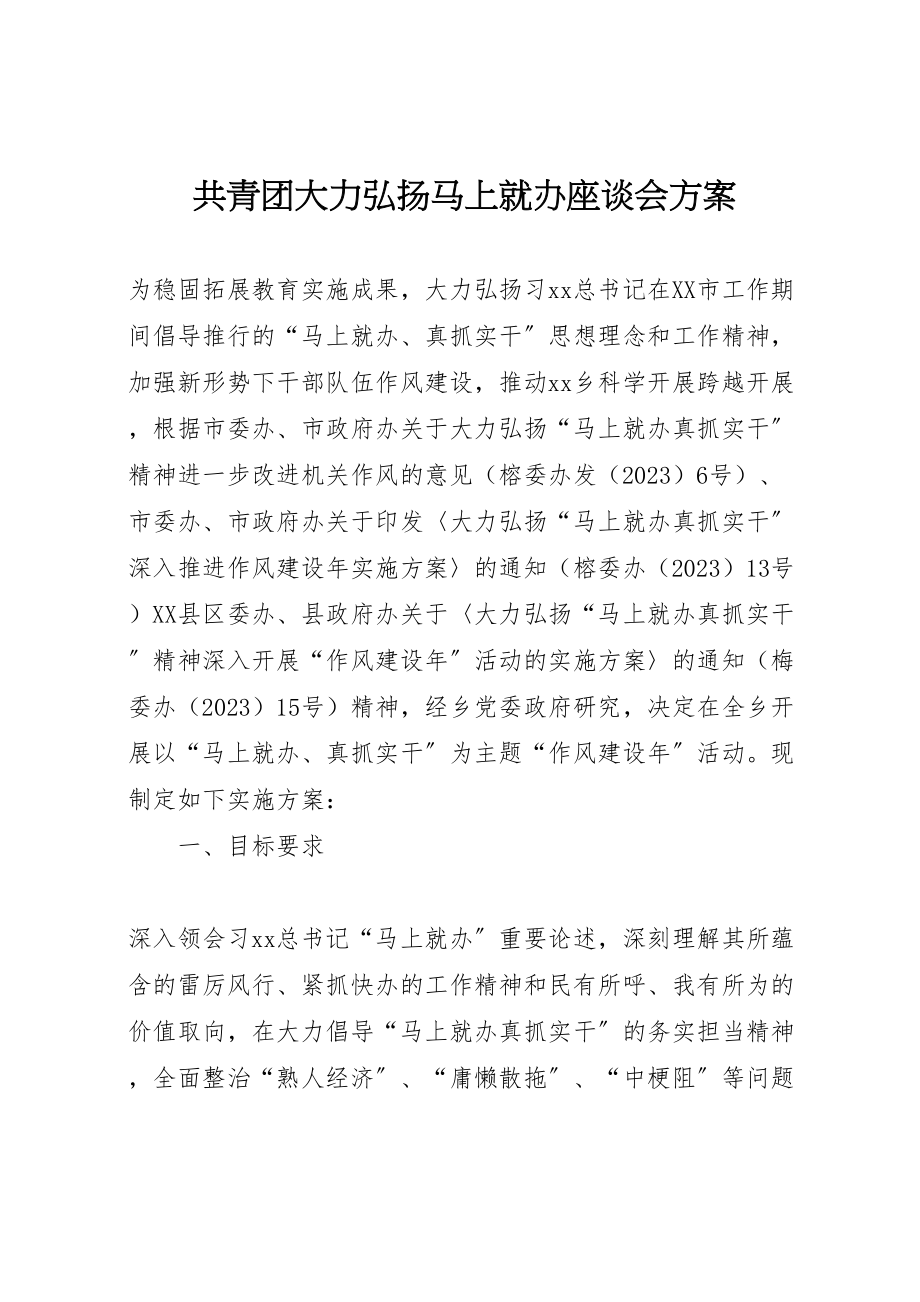 2023年共青团大力弘扬马上就办座谈会方案 4.doc_第1页