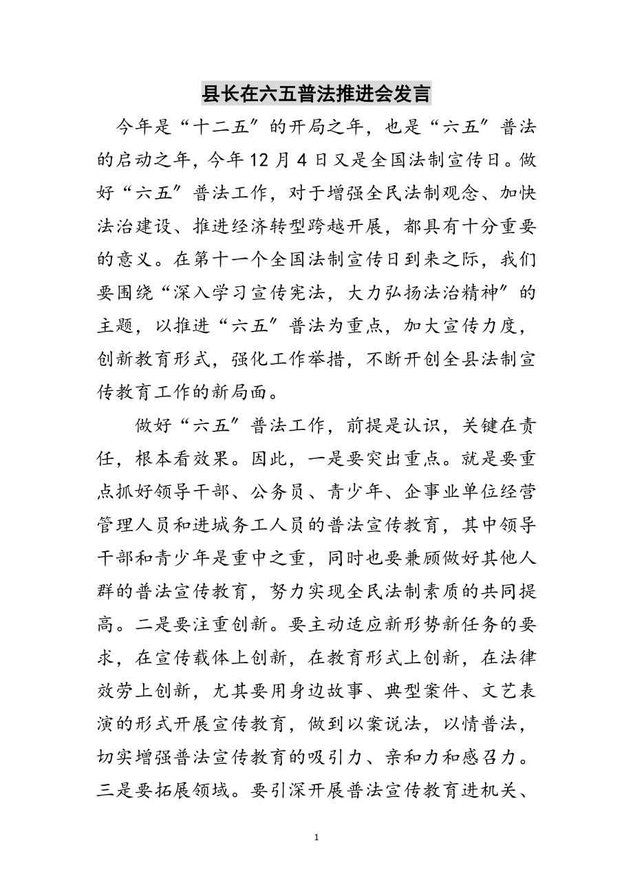 2023年县长在六五普法推进会发言范文.doc_第1页