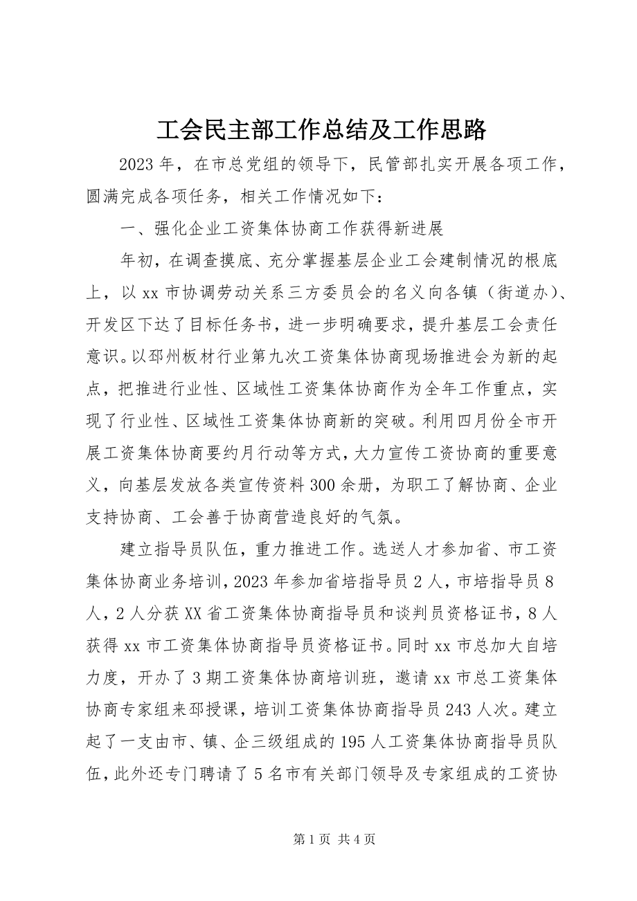 2023年工会民主部工作总结及工作思路.docx_第1页