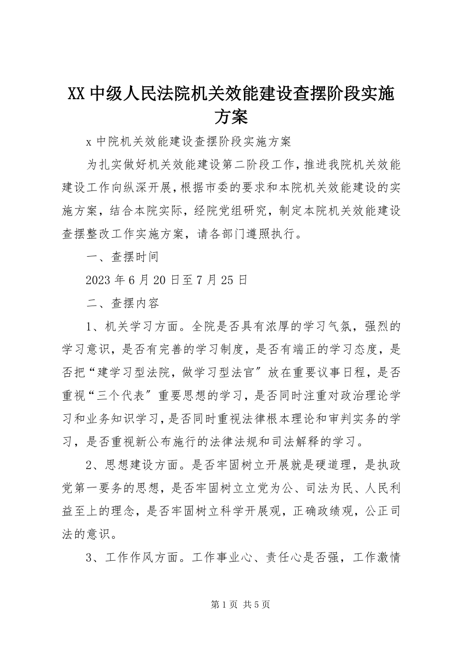 2023年XX中级人民法院机关效能建设查摆阶段实施方案新编.docx_第1页