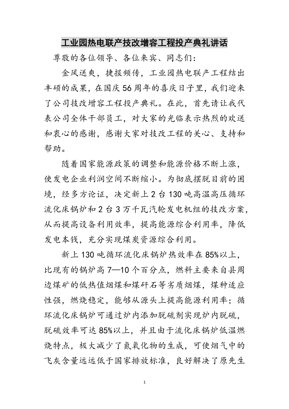 2023年工业园热电联产技改增容工程投产典礼讲话范文.doc_第1页