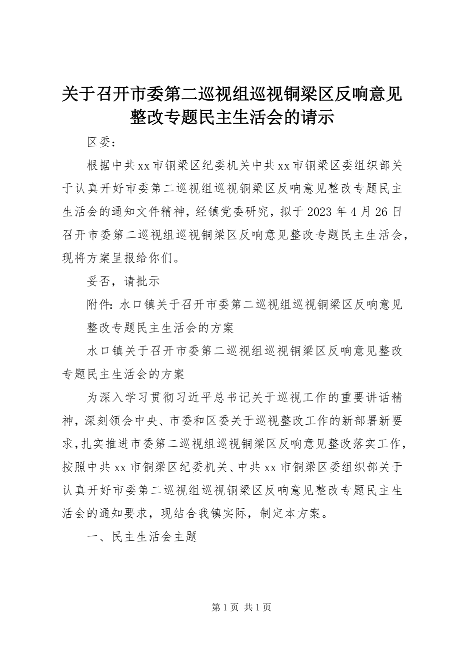 2023年召开市委第二巡视组巡视铜梁区反馈意见整改专题民主生活会的请示.docx_第1页