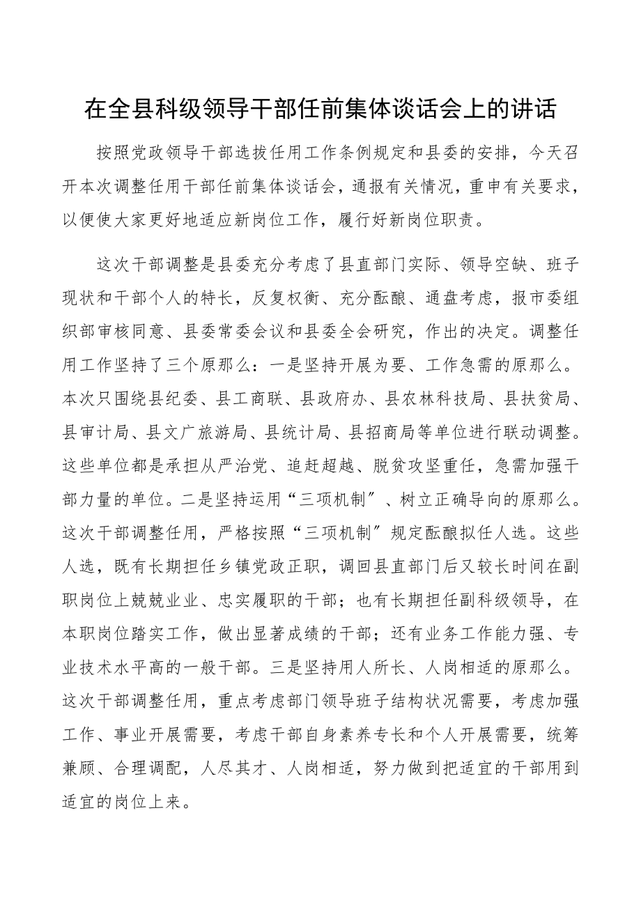 在2023年全县科级领导干部任前集体谈话会上的讲话精编.docx_第1页