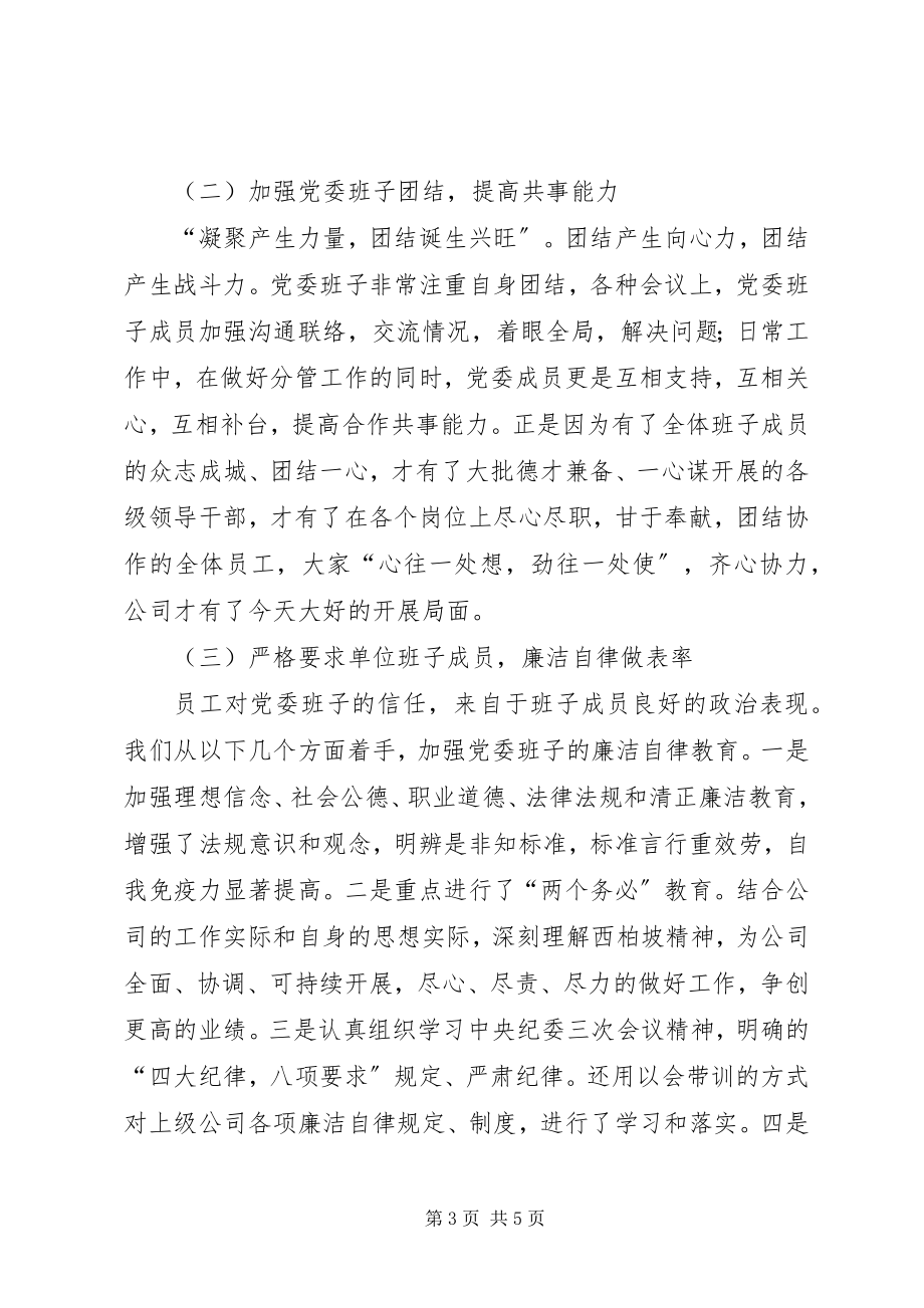 2023年加强公司党委班子建设提高执政与执行能力汇报.docx_第3页